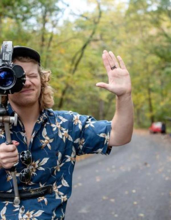 Max Kaplan on location in Appalachia with an Arri S 16mm camera during the production of Hikin' in 2022