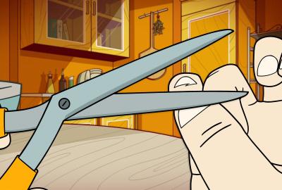 A man cuts his fingernails with a pair of scissors